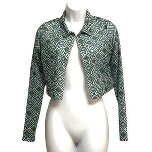 CIDER Mesh Geometric Argyle Print Long Sleeve Open Front Cropped LS Top Cardigan